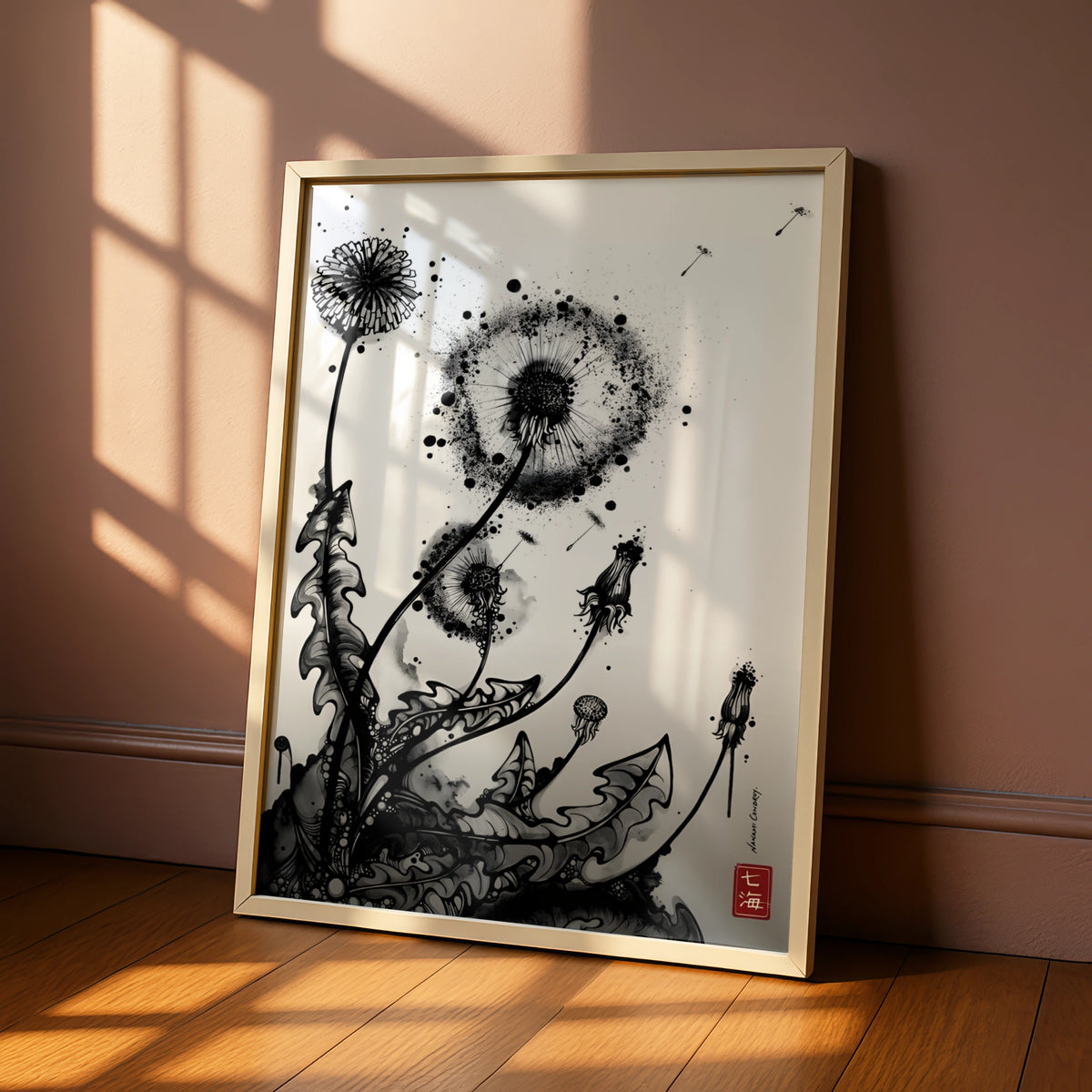 Dandelion Ink Art Print, Black and White Botanical Poster, Monochrome Wall Art, Modern Floral Decor