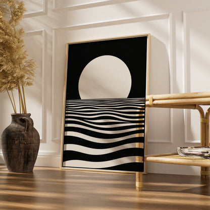 Monochrome Moon Over Ocean Waves Print, Black White Minimalist Poster, Gallery Wall Art