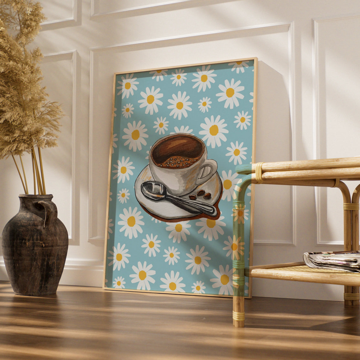 Maximalist Coffee Cup Daisy Poster, Retro Floral Kitchen Wall Art, Blue Espresso Print