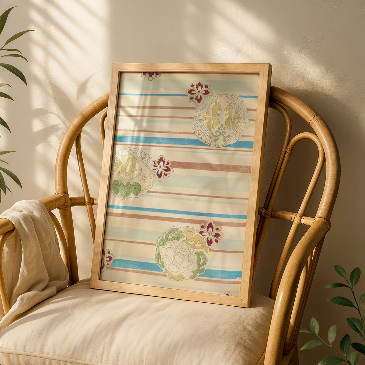 Vintage Japanese Woodblock Wall Art, Bijutsukai 1901 Floral Japandi Print Poster – A5 White frame