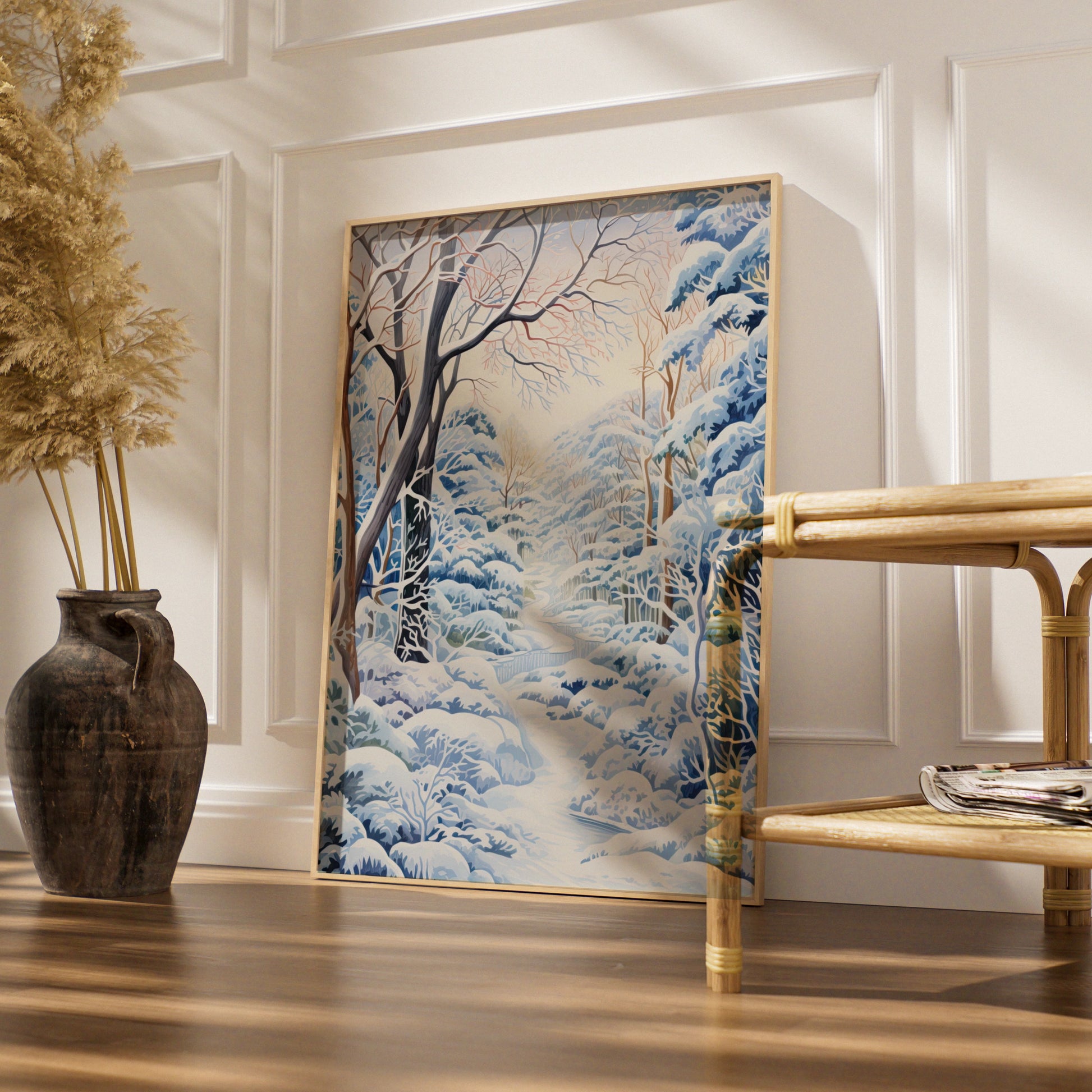 Winter Forest Christmas Poster, Snowy Woodland Wall Art, Blue White Nature Print