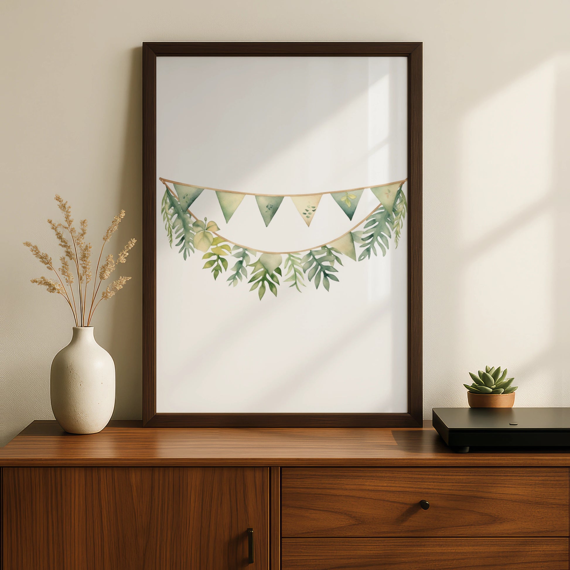 Nursery Wall Art Green Bunting Garland Poster, Botanical Baby Room Print, Watercolour Leaf Decor