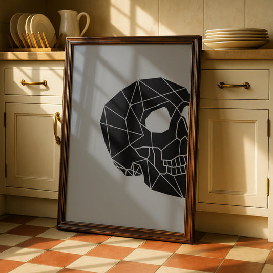 Geometric Skull Halloween Poster, Black Grey Minimalist Skull Wall Art Print