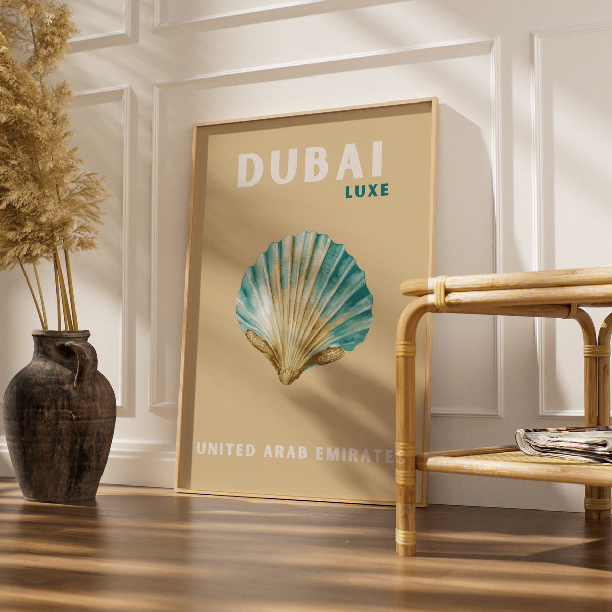Dubai Travel Poster, UAE Wall Art, Retro Seashell Print, Coastal Teal Sand Decor
