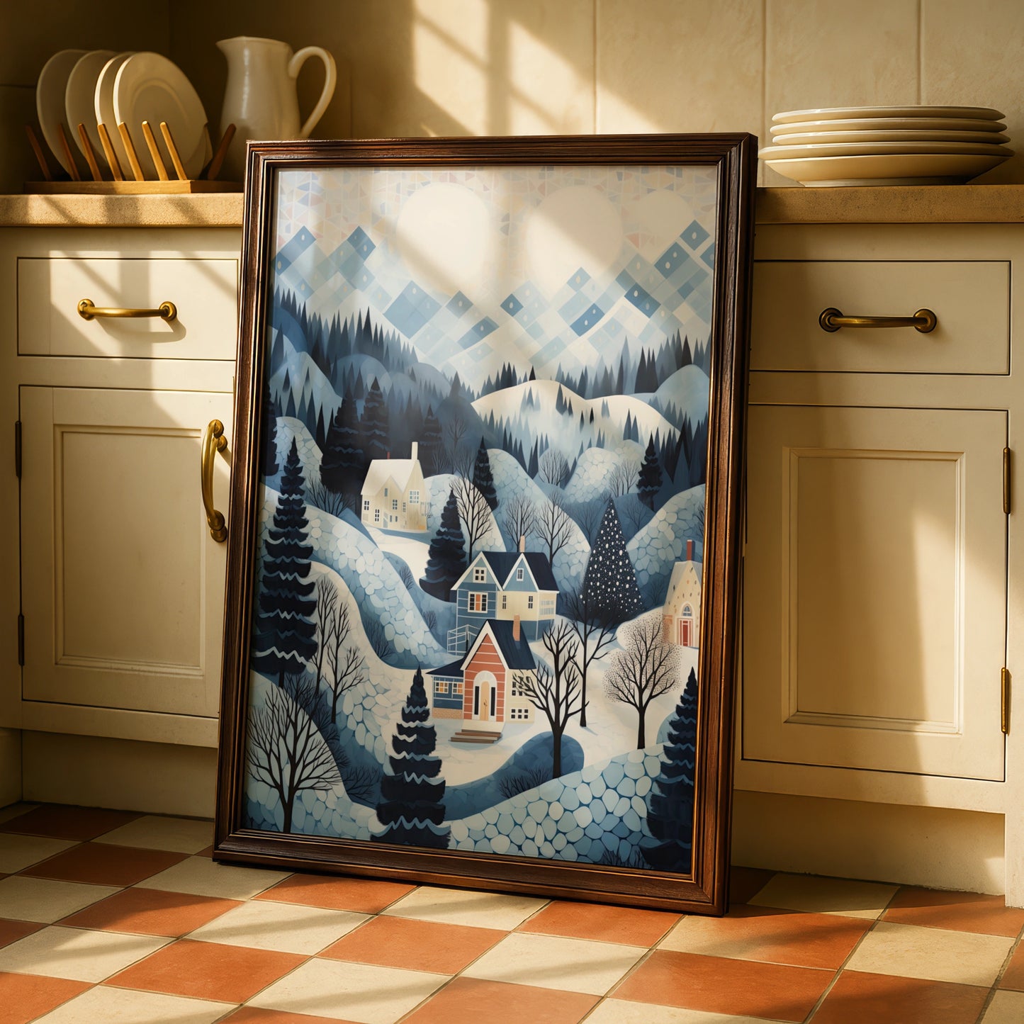 Christmas Winter Village Poster, Snowy Landscape Art Print, Blue Festive Wall Art, Holiday Home