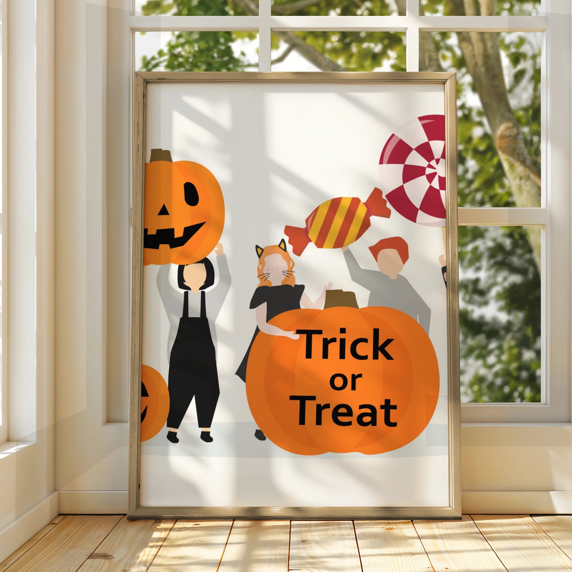 Trick or Treat Halloween Poster, Kids Costume Wall Art, Pumpkin Candy Print