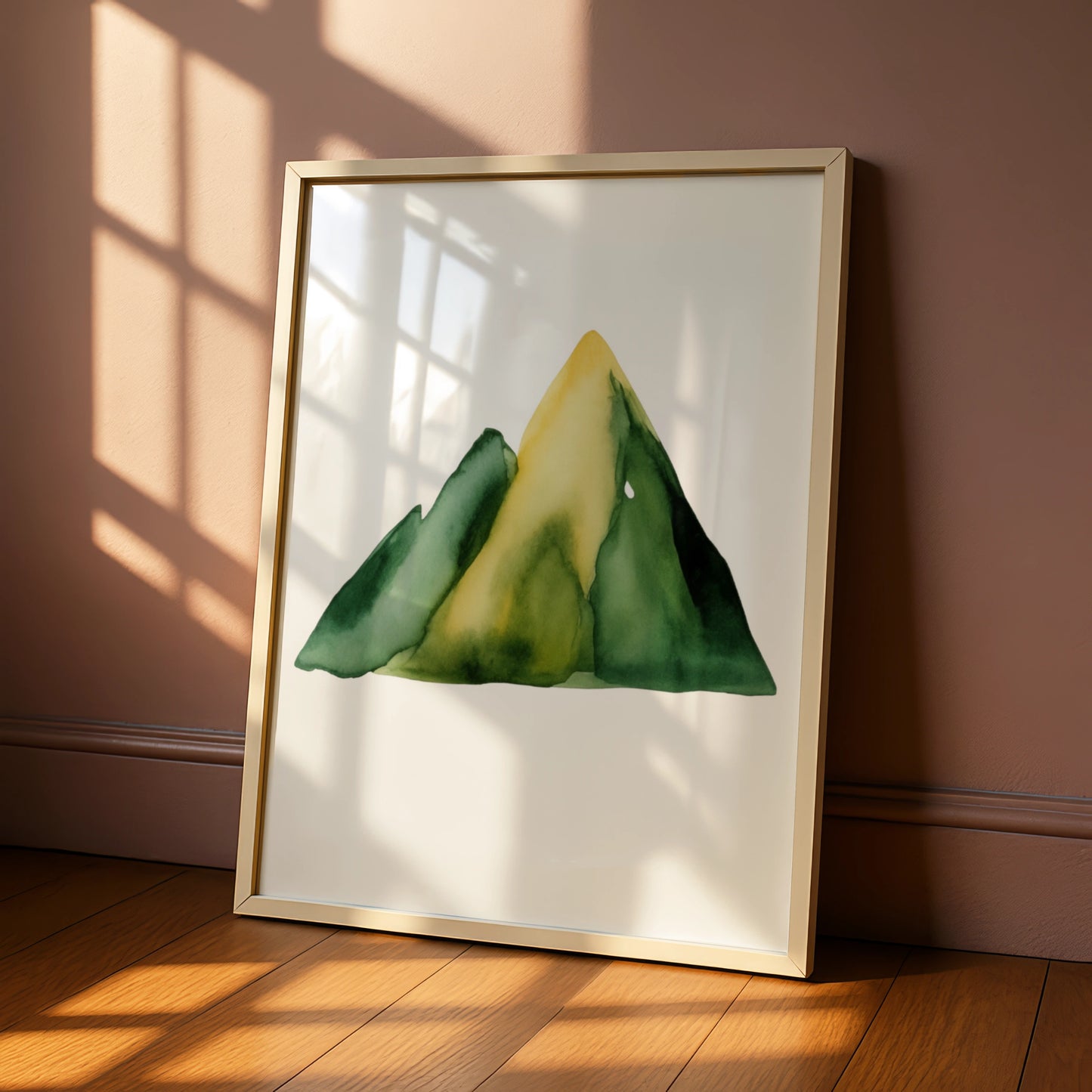 Watercolour Mountain Nursery Wall Art, Green Yellow Nature Print, Kids Room Poster