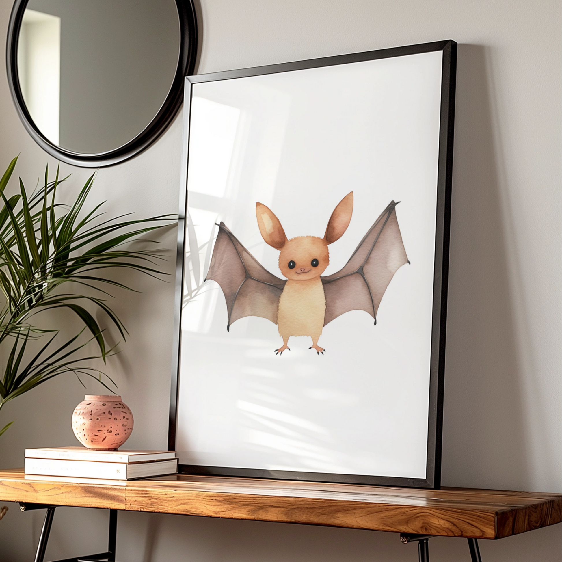 Cute Bat Nursery Wall Art, Watercolour Animal Poster, Kids Room Decor Print