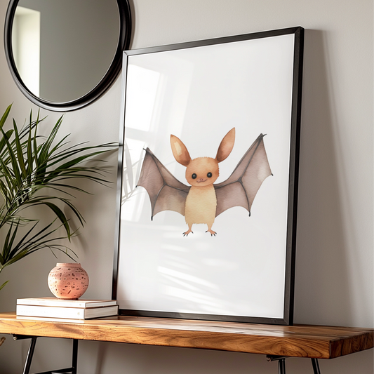 Cute Bat Nursery Wall Art, Watercolour Animal Poster, Kids Room Decor Print