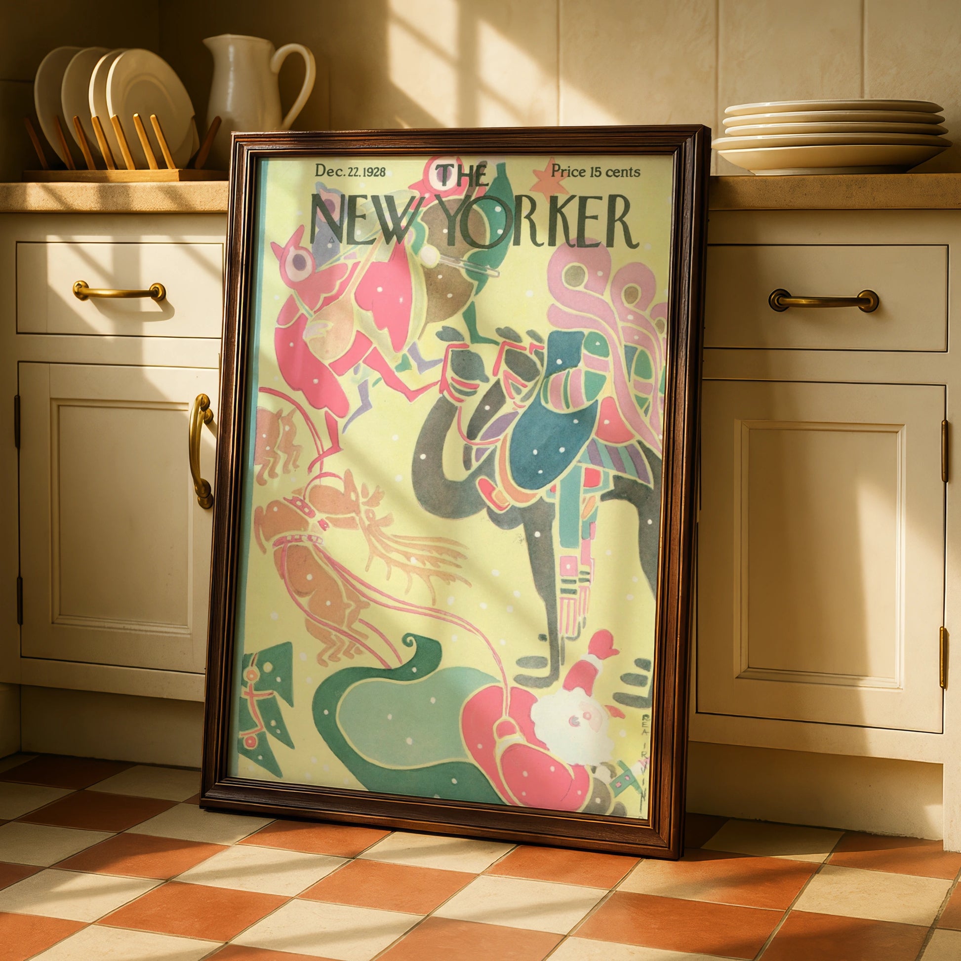 New Yorker Christmas 1928 Cover Poster, Santa Reindeer Art Deco Holiday Wall Art