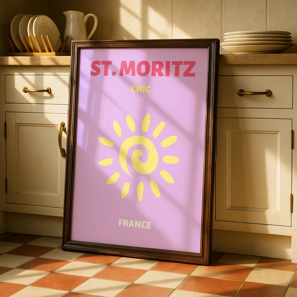 St Moritz Travel Poster, Switzerland Retro Wall Art, Chic Sun Print, Lilac Pink