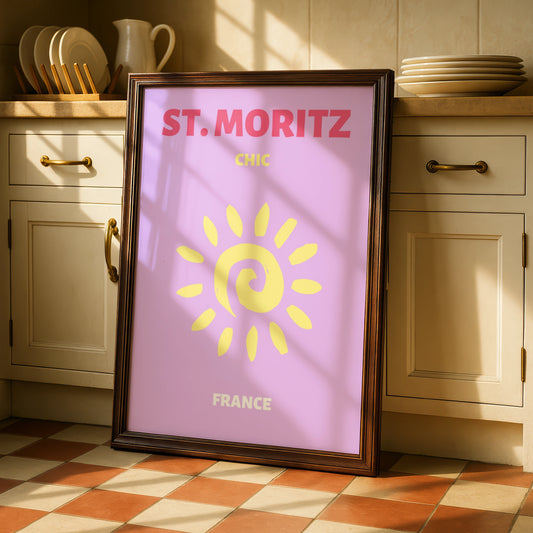 St Moritz Travel Poster, Switzerland Retro Wall Art, Chic Sun Print, Lilac Pink
