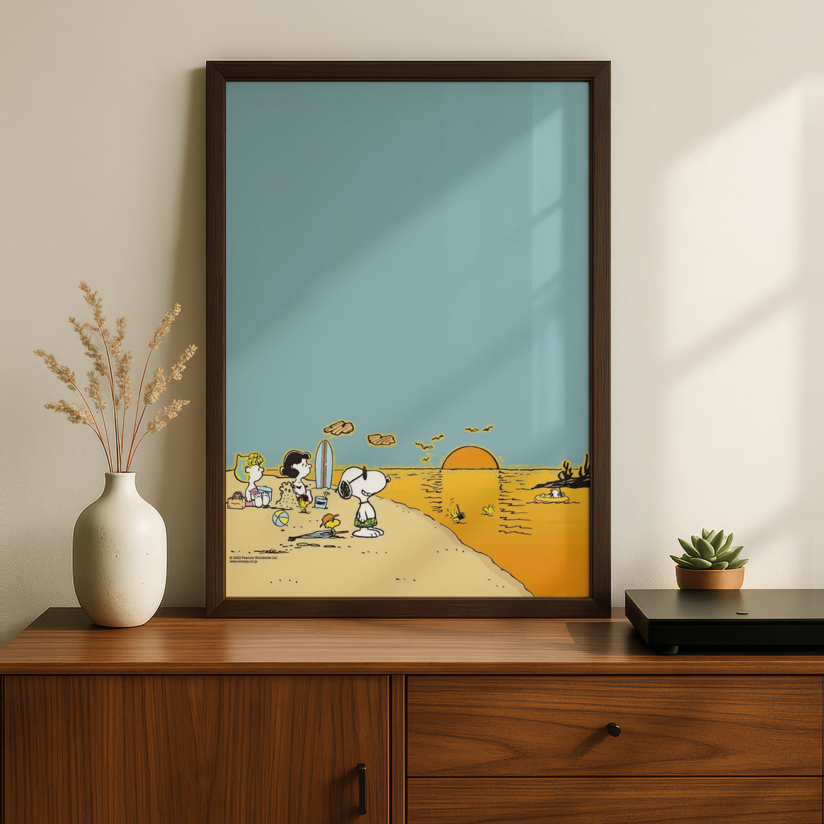 Beach Sunset Cartoon Poster, Dusty Teal Sky, Golden Sea, Retro Kids Room Wall Art Print