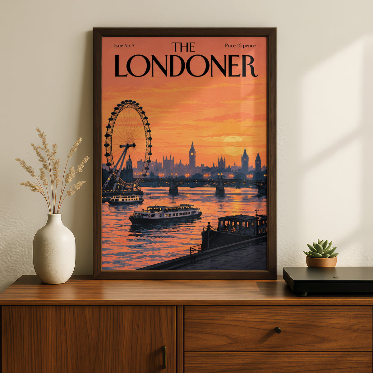 London Skyline Sunset Poster, Thames River Wall Art, Retro Magazine Cover Art Print, Orange Decor