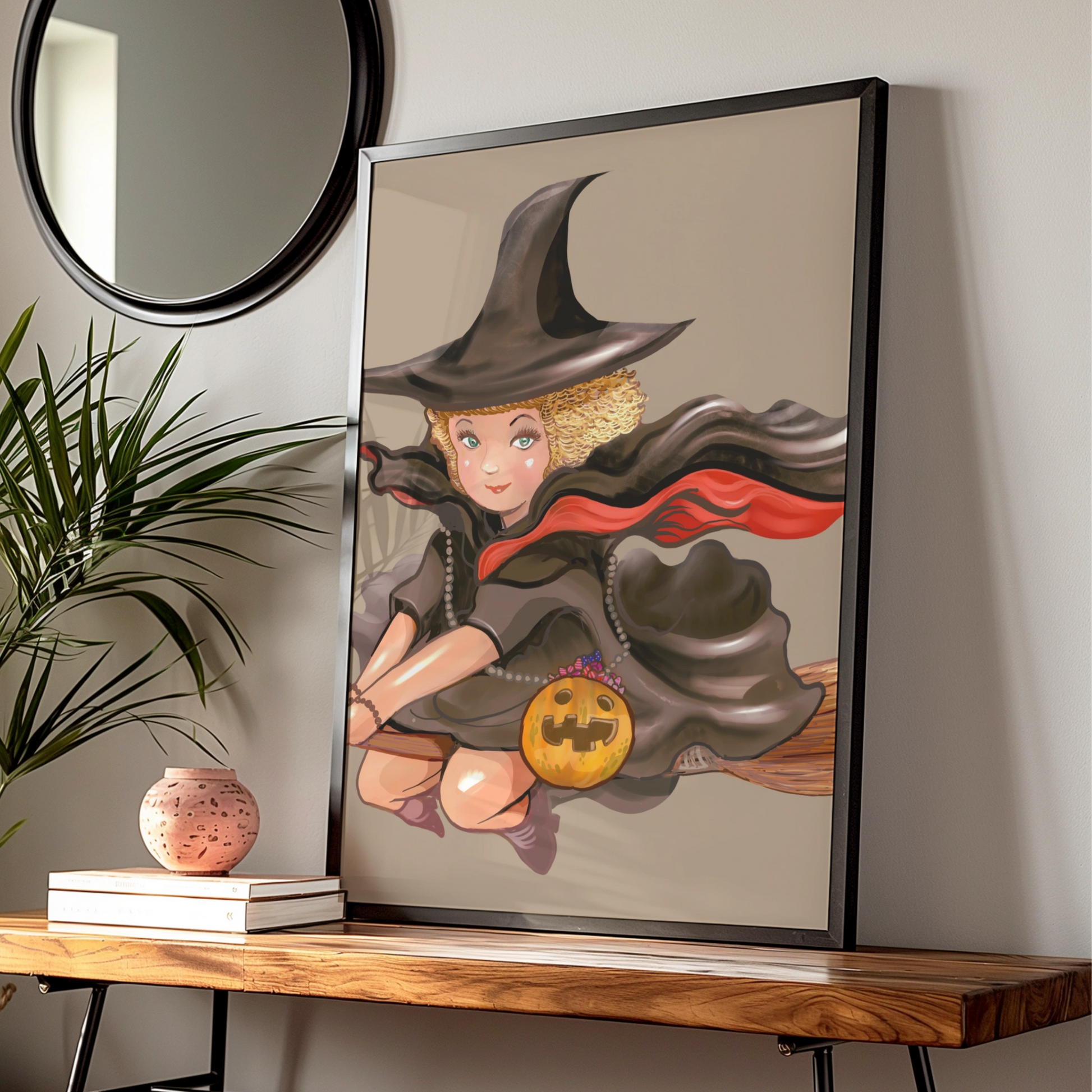 Halloween Witch Poster, Flying Broomstick Wall Art, Pumpkin Witch Print, Spooky Cute Decor