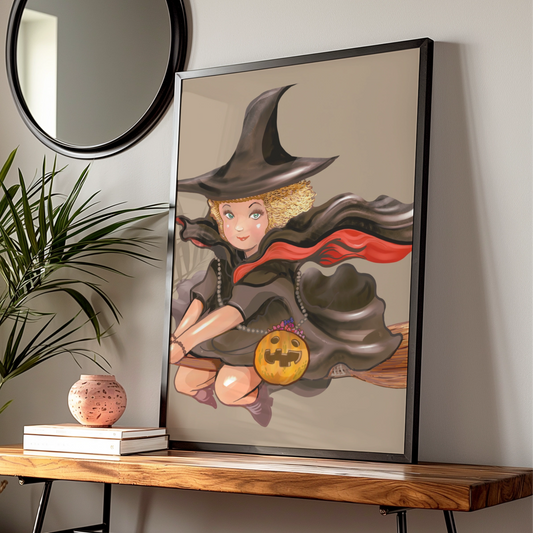 Halloween Witch Poster, Flying Broomstick Wall Art, Pumpkin Witch Print, Spooky Cute Decor