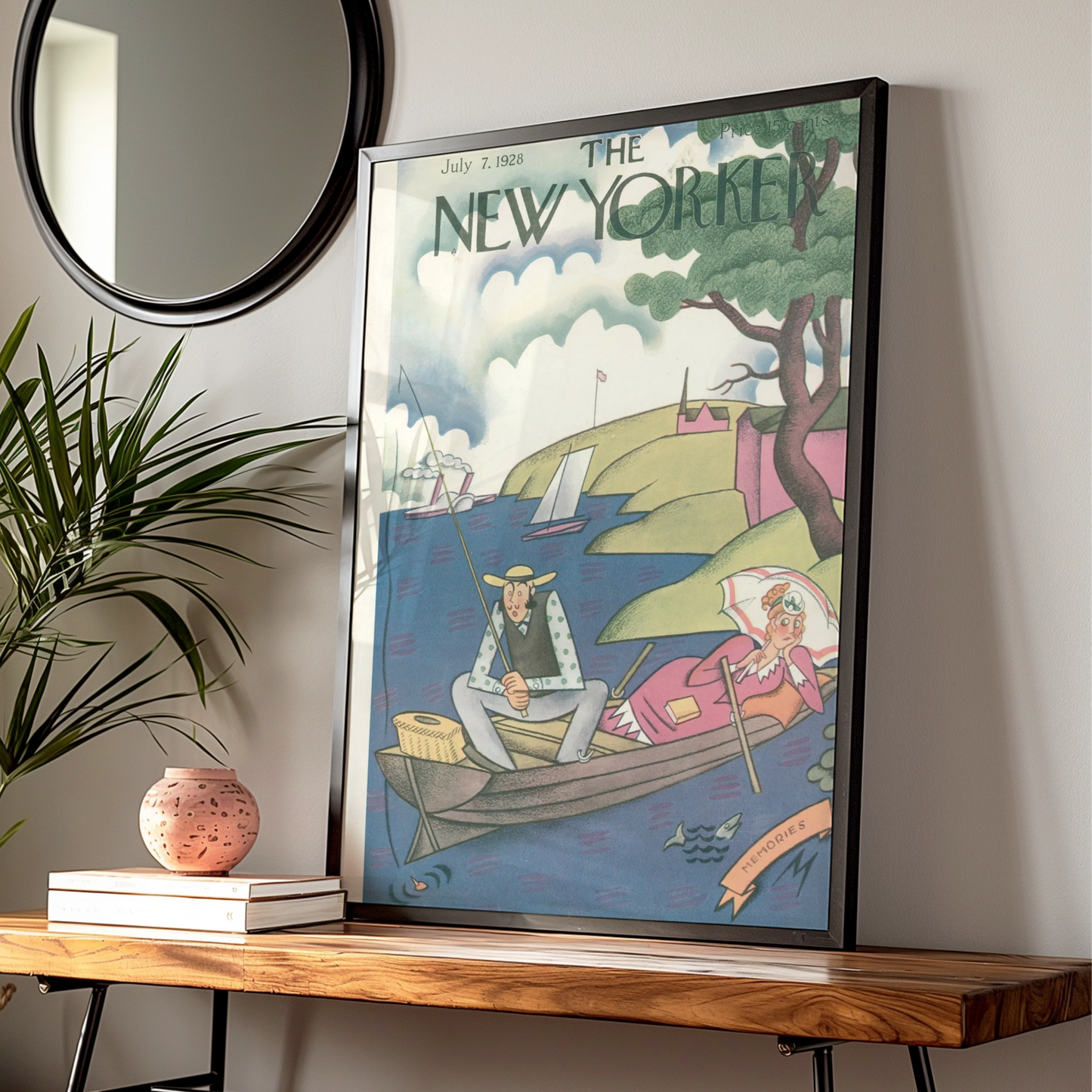 New Yorker 1928 Vintage Cover Poster, Fishing Boat Couple, Retro Wall Art Print