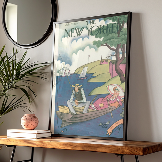 New Yorker 1928 Vintage Cover Poster, Fishing Boat Couple, Retro Wall Art Print