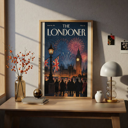 London Fireworks Poster, Big Ben Wall Art, Vintage Magazine Cover Art Print, Night Skyline Union