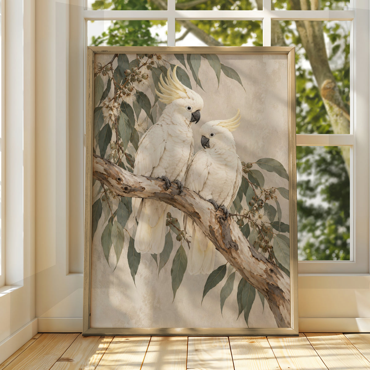Sulphur-Crested Cockatoo Print, Australian Bird Wall Art, Eucalyptus Botanical Poster