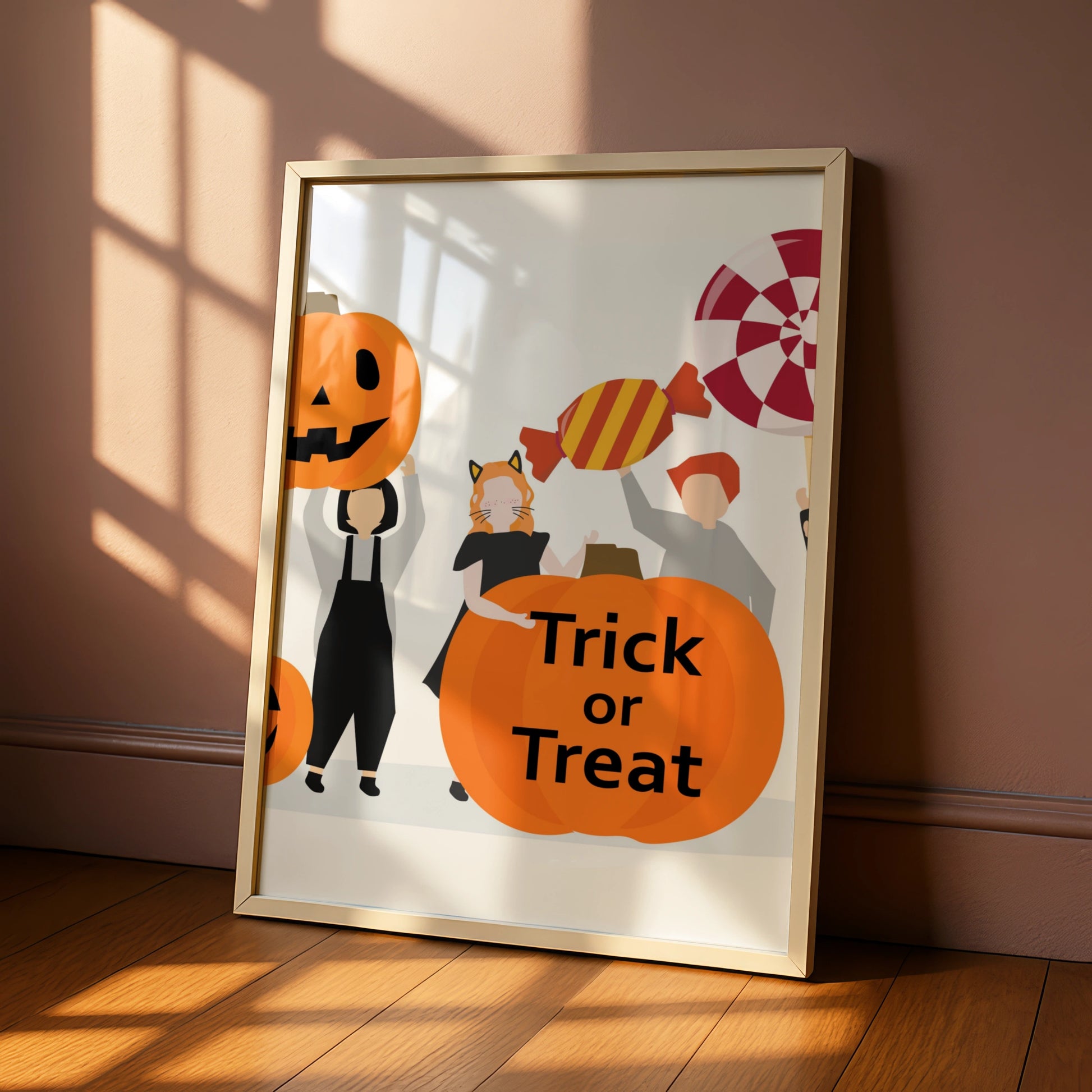 Trick or Treat Halloween Poster, Kids Costume Wall Art, Pumpkin Candy Print