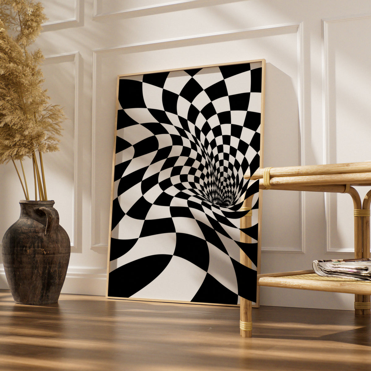 Optical Illusion Checker Vortex Print, Black and White Abstract Poster, Monochrome Wall Art