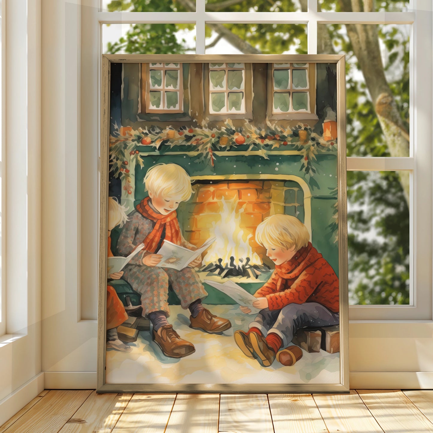 Christmas Fireplace Poster, Children Reading by Fire, Vintage Festive Wall Art Print