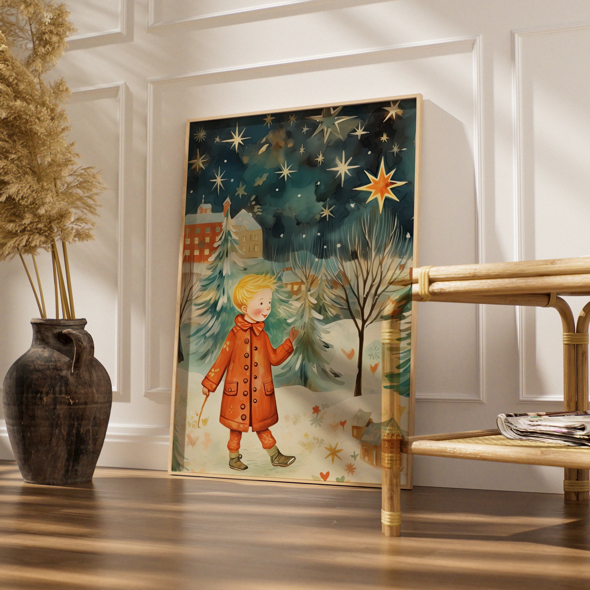 Christmas Poster Boy in Snow, Festive Winter Stars Wall Art, Whimsical Holiday Print for Kids