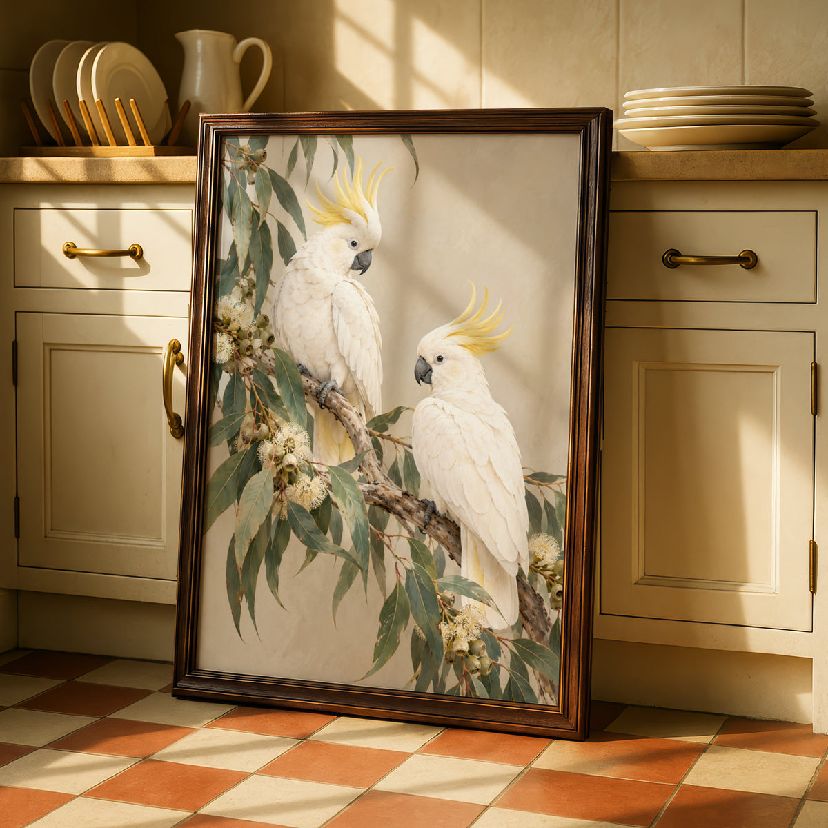 Sulphur-Crested Cockatoo Print, Australian Bird Wall Art, Eucalyptus Botanical Poster