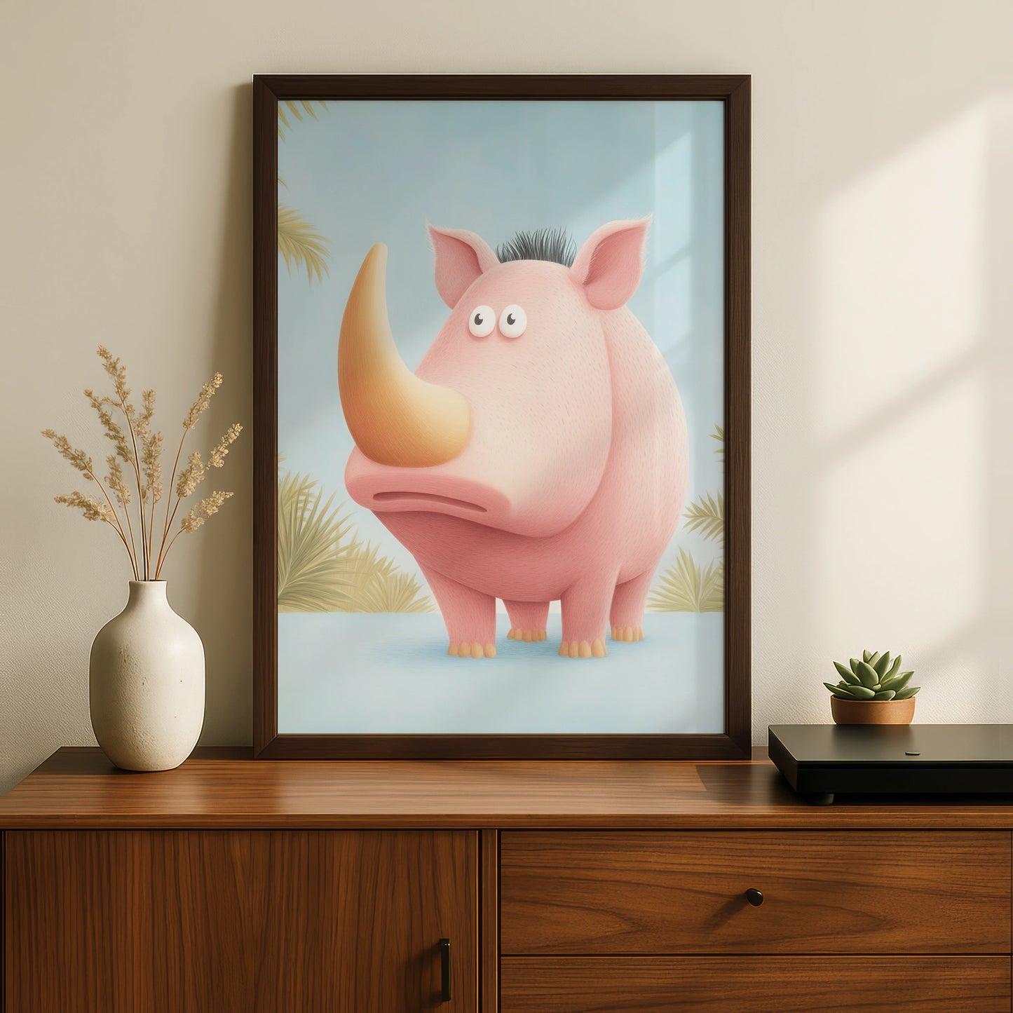 Cute Rhino Nursery Wall Art, Pink Rhinoceros Print, Safari Animal Poster for Kids Room