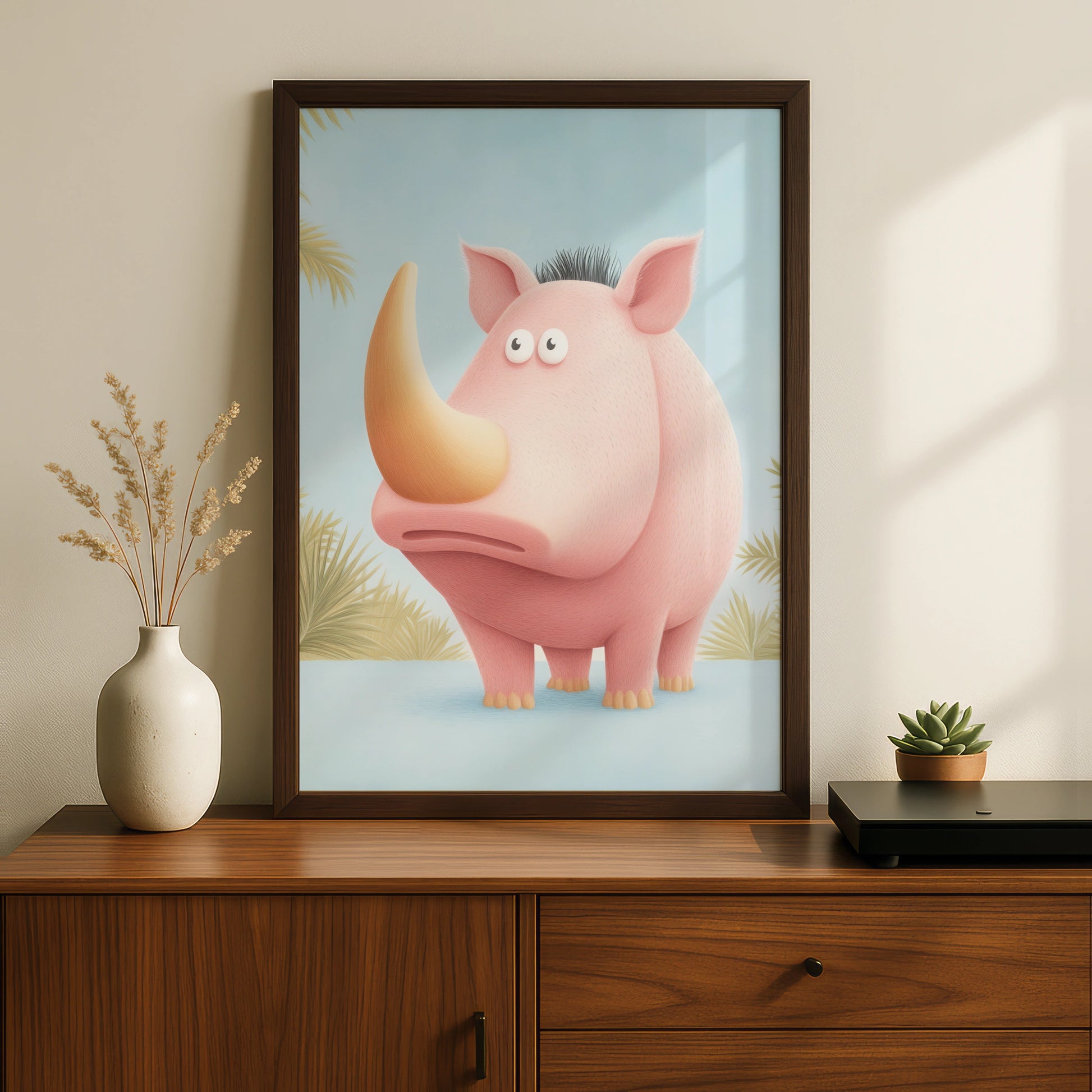 Cute Rhino Nursery Wall Art, Pink Rhinoceros Print, Safari Animal Poster for Kids Room