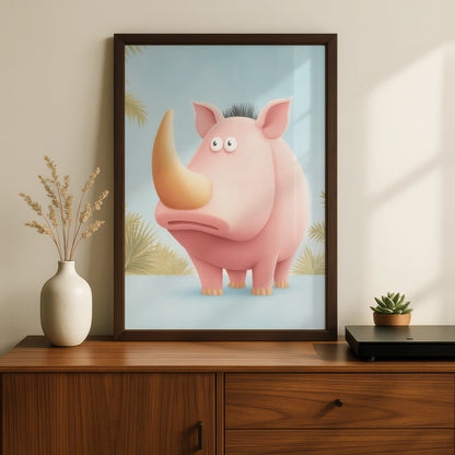Cute Rhino Nursery Wall Art, Pink Rhinoceros Print, Safari Animal Poster for Kids Room