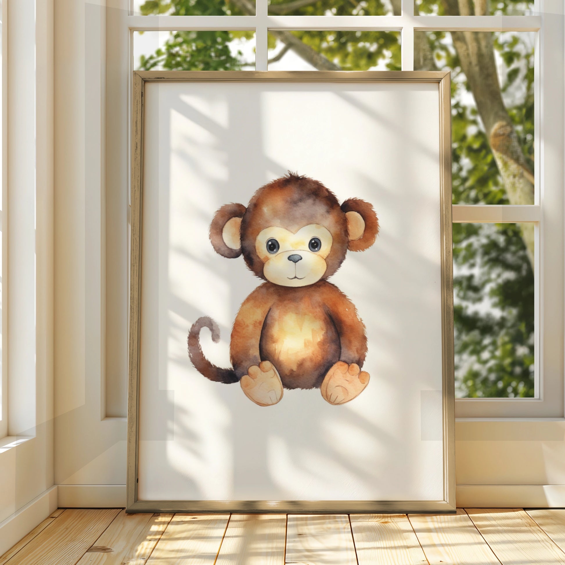 Cute Monkey Nursery Wall Art, Watercolour Baby Monkey Poster, Safari Animal Kids Room Print