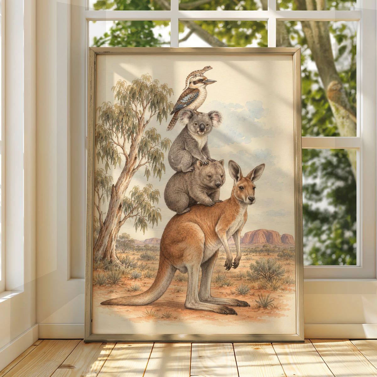 Australian Wildlife Stack Print, Kangaroo Koala Wombat Kookaburra, Outback Wall Art