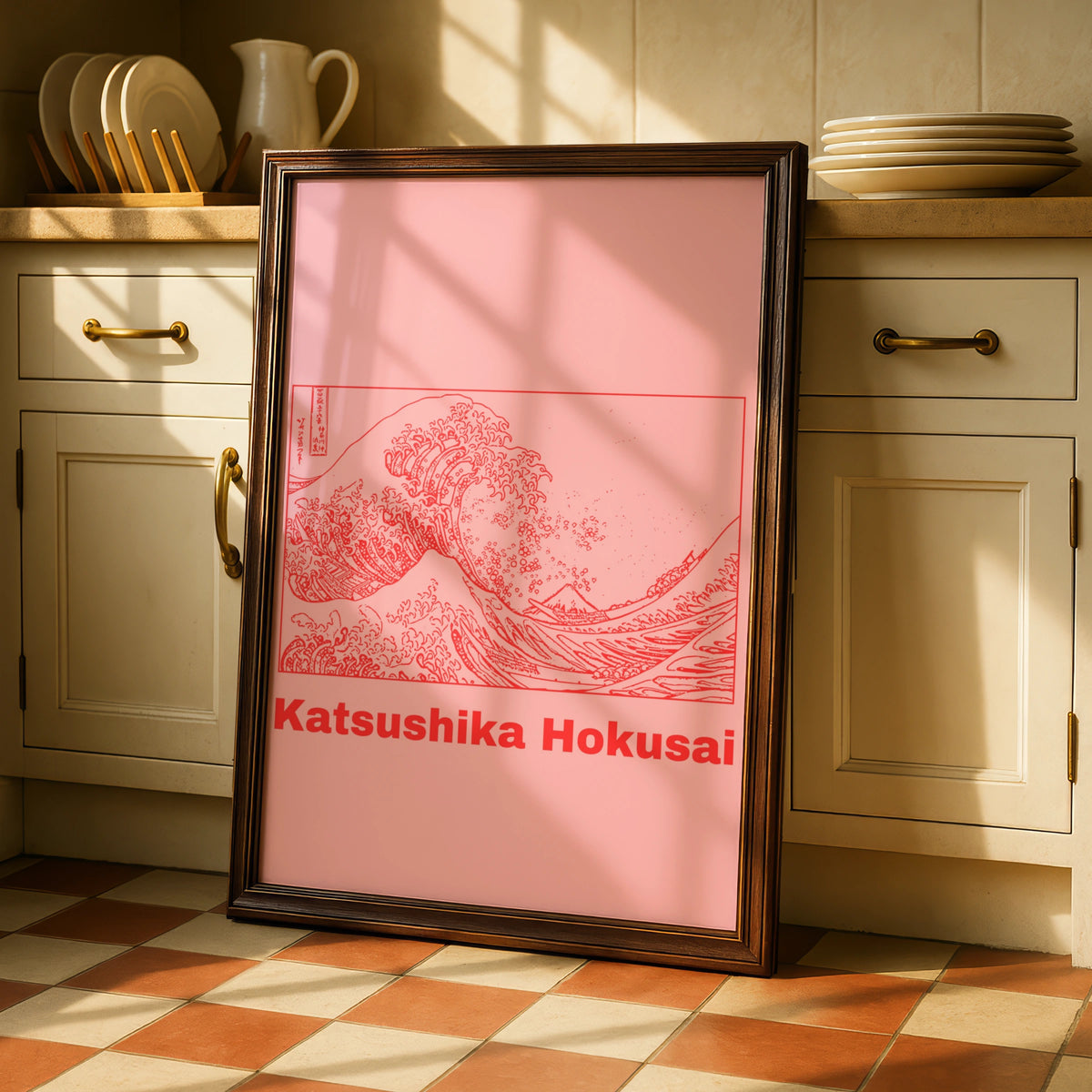 Hokusai Great Wave Poster, Japanese Woodblock Wall Art, Pink Red Maximalist Print