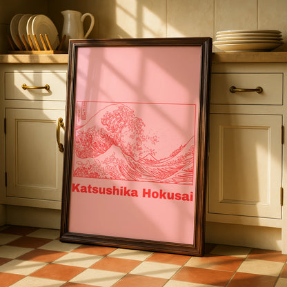 Hokusai Great Wave Poster, Japanese Woodblock Wall Art, Pink Red Maximalist Print
