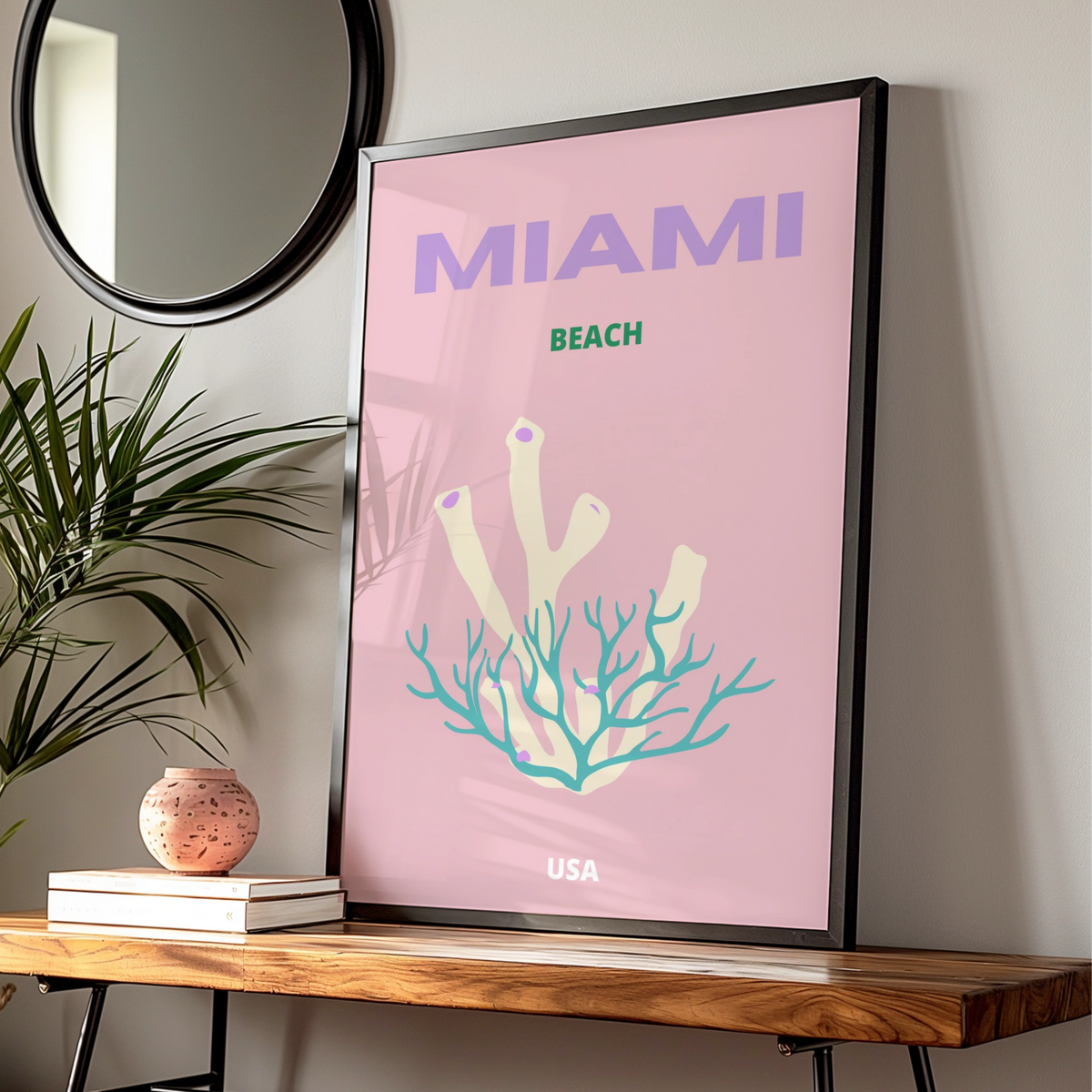 Miami Beach Travel Poster, Florida USA Wall Art, Retro Coral Print, Pink Coastal Decor