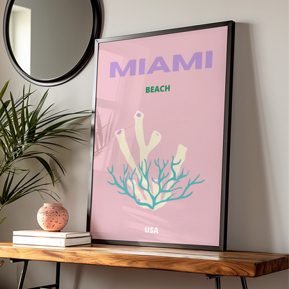 Miami Beach Travel Poster, Florida USA Wall Art, Retro Coral Print, Pink Coastal Decor