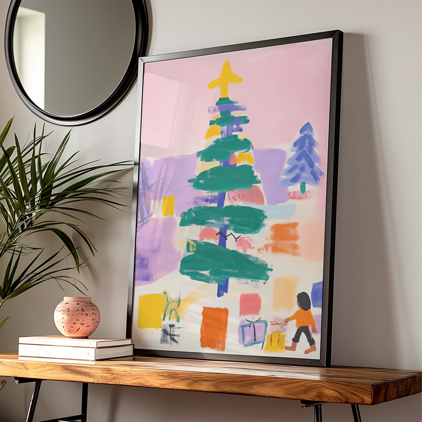 Christmas Tree Poster, Colourful Abstract Xmas Wall Art, Festive Holiday Print for Kids Room