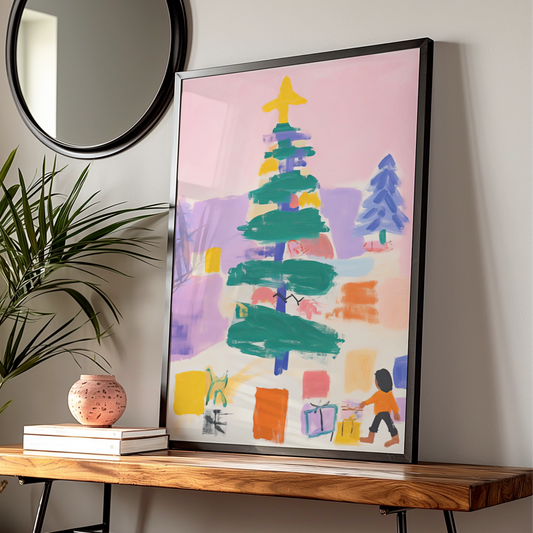 Christmas Tree Poster, Colourful Abstract Xmas Wall Art, Festive Holiday Print for Kids Room