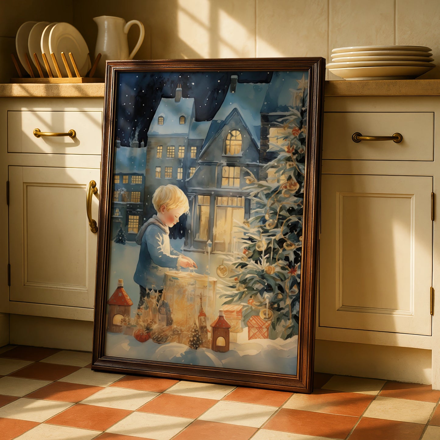 Christmas Poster, Child with Lantern Snowy Village, Watercolour Xmas Wall Art Print
