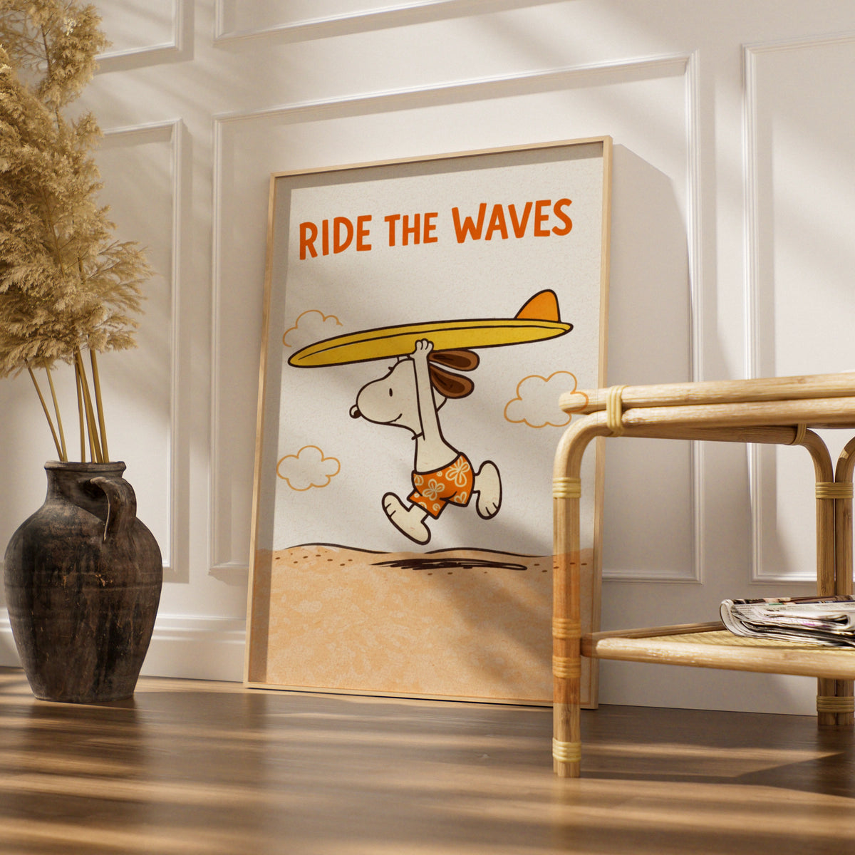 Surfing Dog Cartoon Poster, Ride The Waves Funny Beach Print, Quirky Wall Art