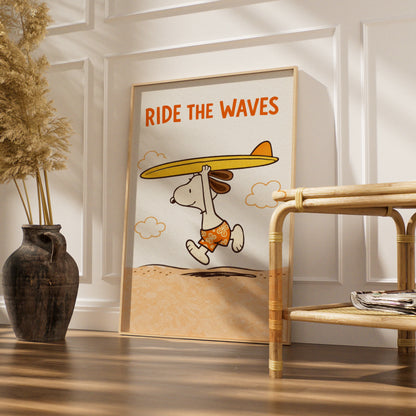 Surfing Dog Cartoon Poster, Ride The Waves Funny Beach Print, Quirky Wall Art