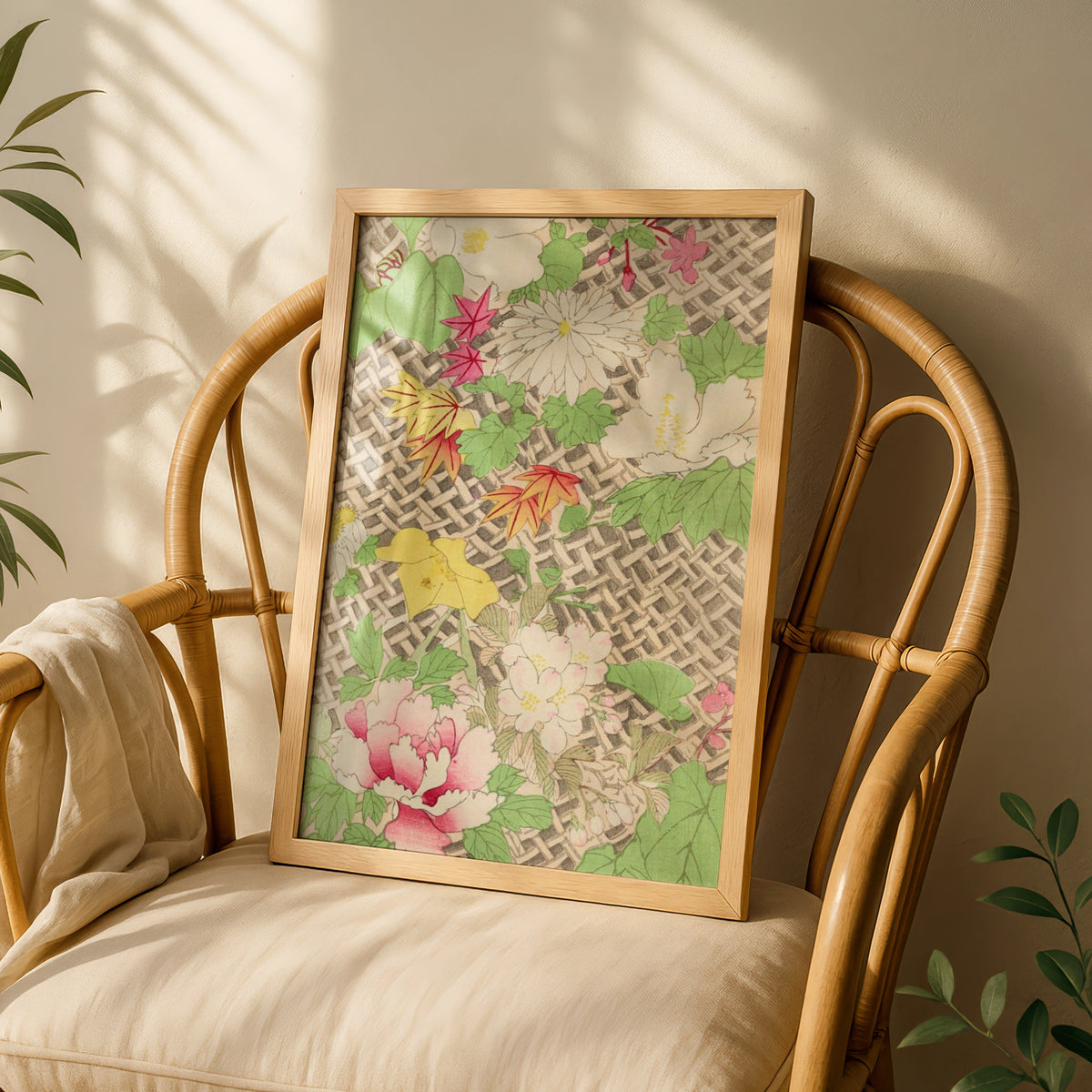 Japanese Botanical Print, Vintage Floral Wall Art, Bijutsukai 1901 Woodblock Poster – A5 White frame