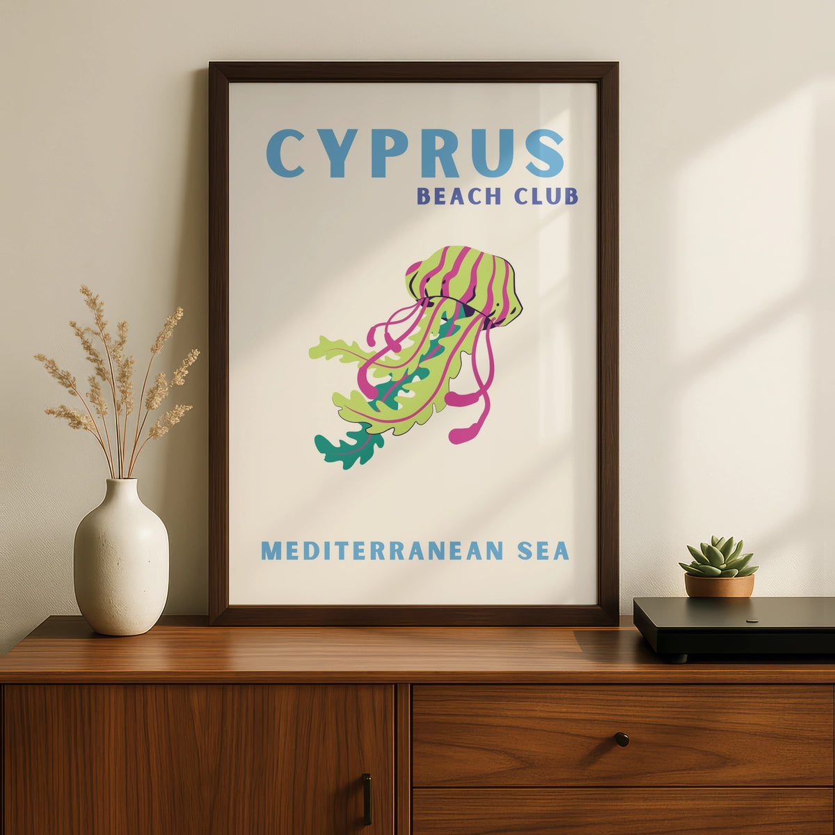 Cyprus Travel Poster, Mediterranean Sea Beach Wall Art, Retro Jellyfish Print