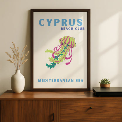 Cyprus Travel Poster, Mediterranean Sea Beach Wall Art, Retro Jellyfish Print