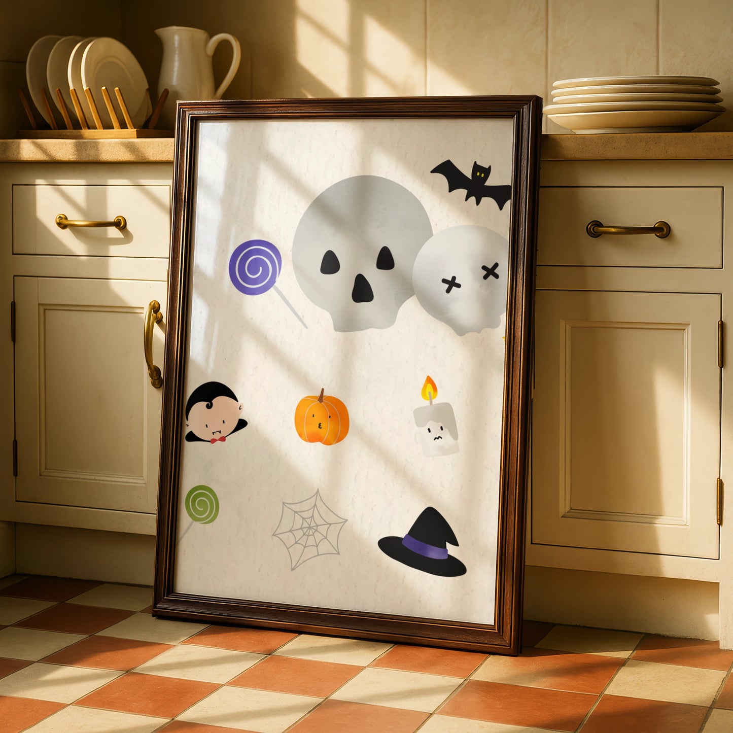 Cute Halloween Wall Art, Spooky Icons Poster, Skull Bat Pumpkin Witch Hat Print
