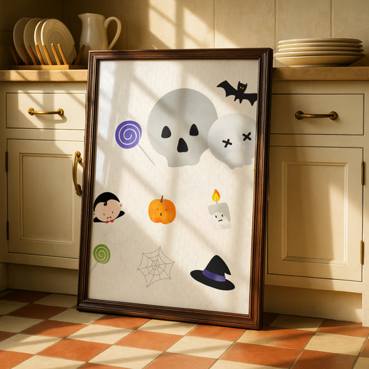 Cute Halloween Wall Art, Spooky Icons Poster, Skull Bat Pumpkin Witch Hat Print
