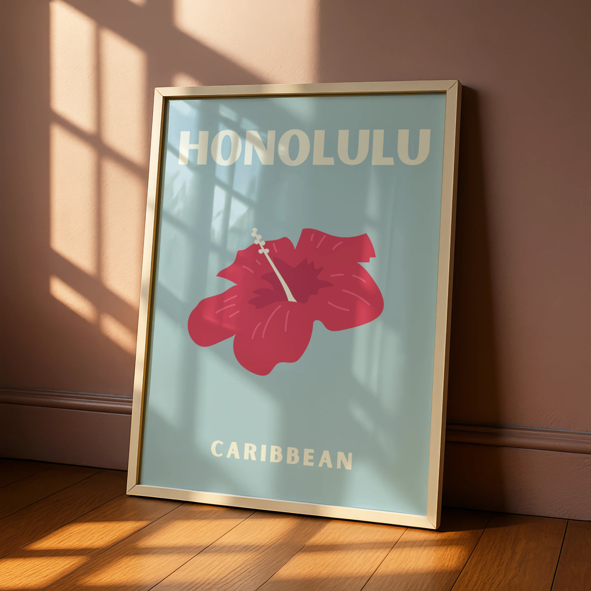 Honolulu Travel Poster, Hawaii Wall Art, Retro Hibiscus Print, Tropical Blue Decor