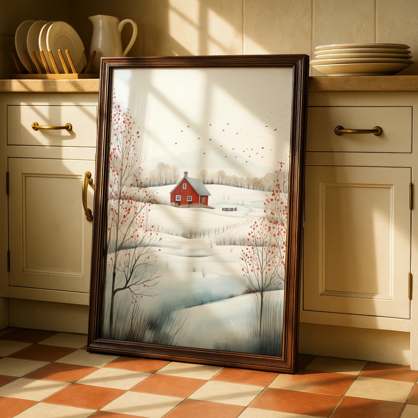Christmas Winter Landscape Poster, Red Barn Snow Scene, Scandi Farmhouse Wall Art Print